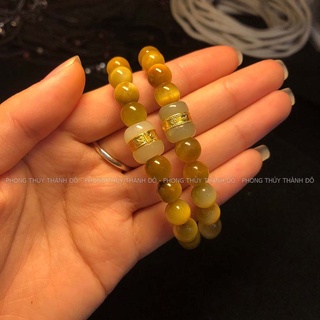 Chuỗi Vòng Mắt Hổ Vàng Tâm VIP, Size Hạt 8mm, Charm Lu Thống Bạch Ngọc - Phong Thủy Thành Đô