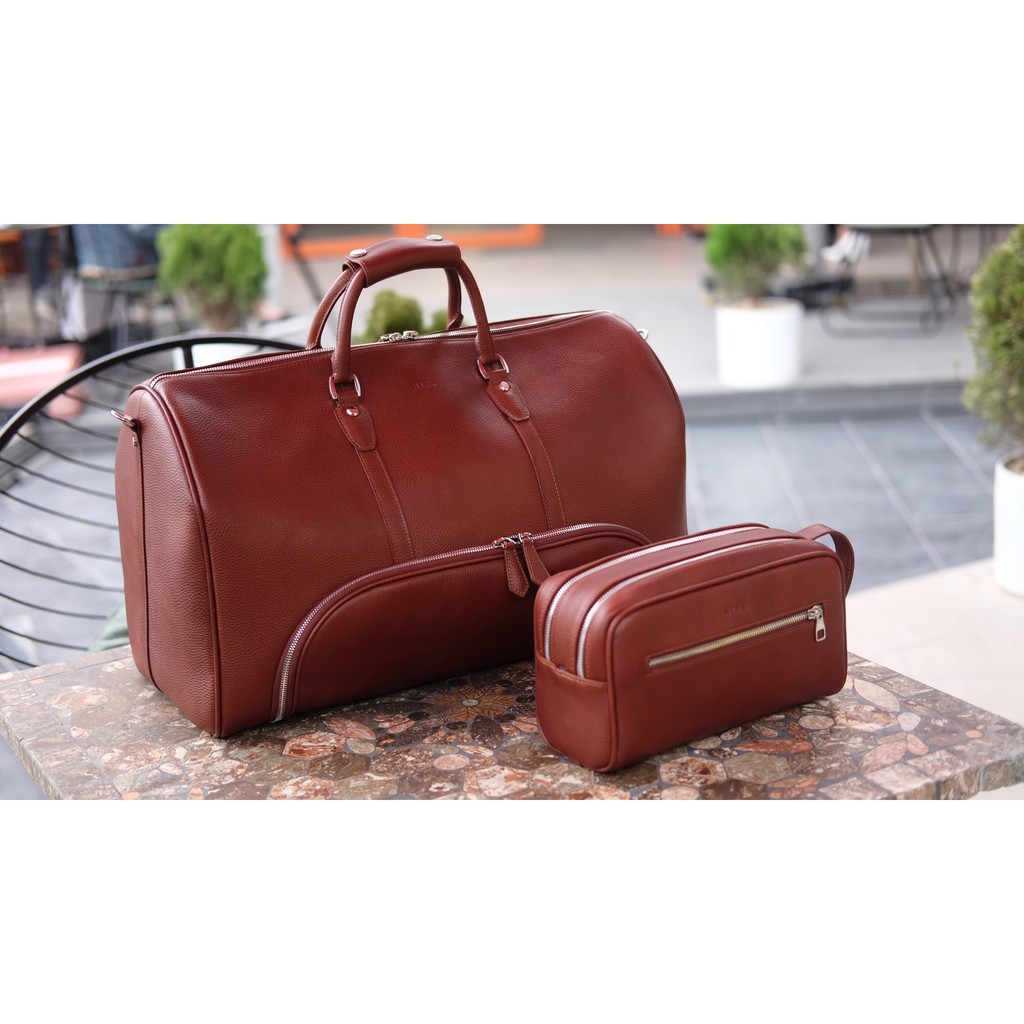 LYON-Túi trống du lịch MINK Leather có ngăn để giày tiện lợi da bò thật nguyên tấm lớp 1 cao cấp màu Nâu caramen IO86-20