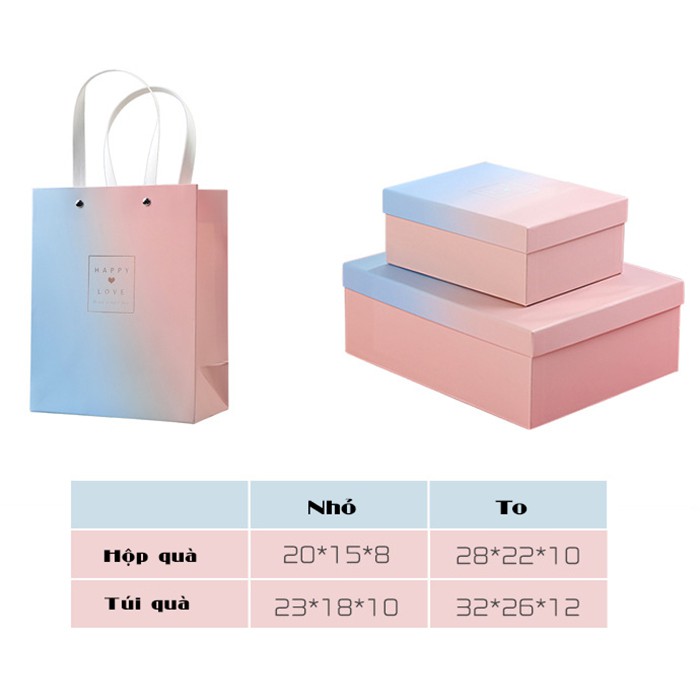 Hộp đựng quà cứng hình chữ nhật kèm giấy rơm, túi quà phối màu xanh hồng | BigBuy360 - bigbuy360.vn
