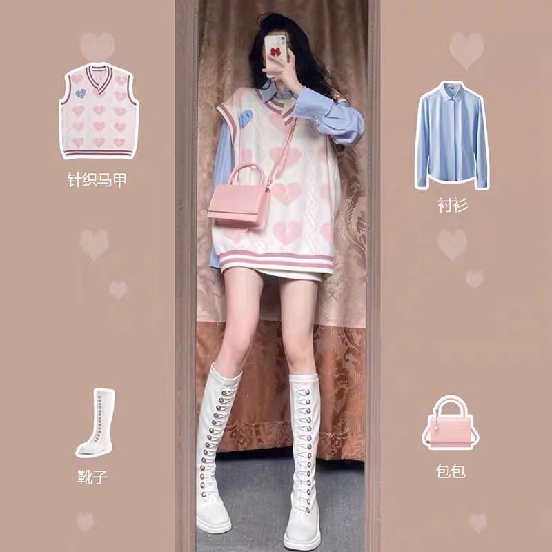 (ORDER.buiny) Set áo vest len gile MORAN form rộng phối viền màu hồng đáng yêu điệu đà Hàn Quốc (hàng mới về) | BigBuy360 - bigbuy360.vn
