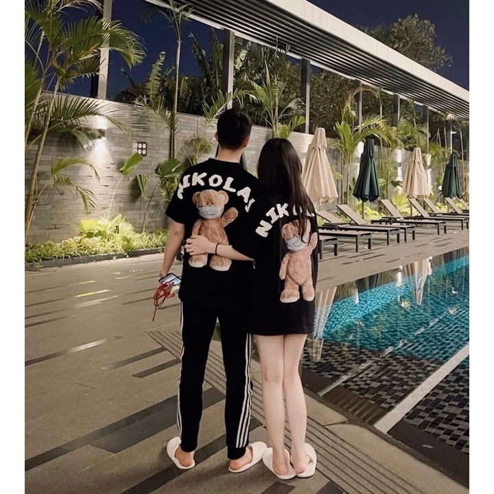 Áo phông gấu Teddy gia đình, dáng áo váy oversize giấu quần