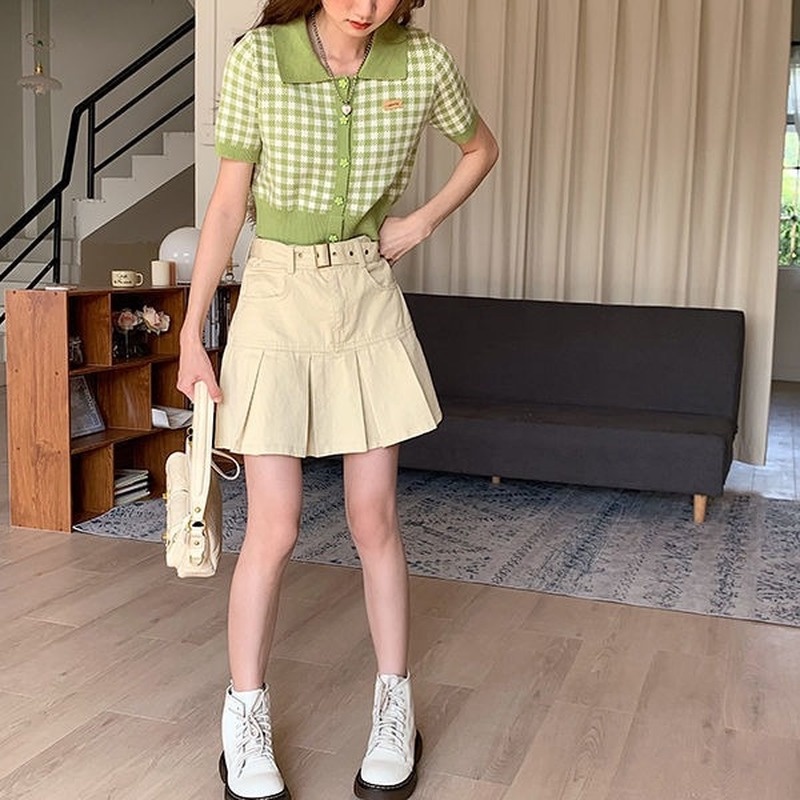 Chân Váy Chữ A Lưng Cao Xếp Ly Thời Trang Retro