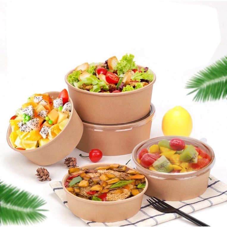 đồ đựng bánh kem [FREESHIP❤️] 50 Tô Giấy Kraft Salad Nâu Đựng Thức Ăn, Salad, Bánh Bông Lan Có Nắp PP, Nắp Pet