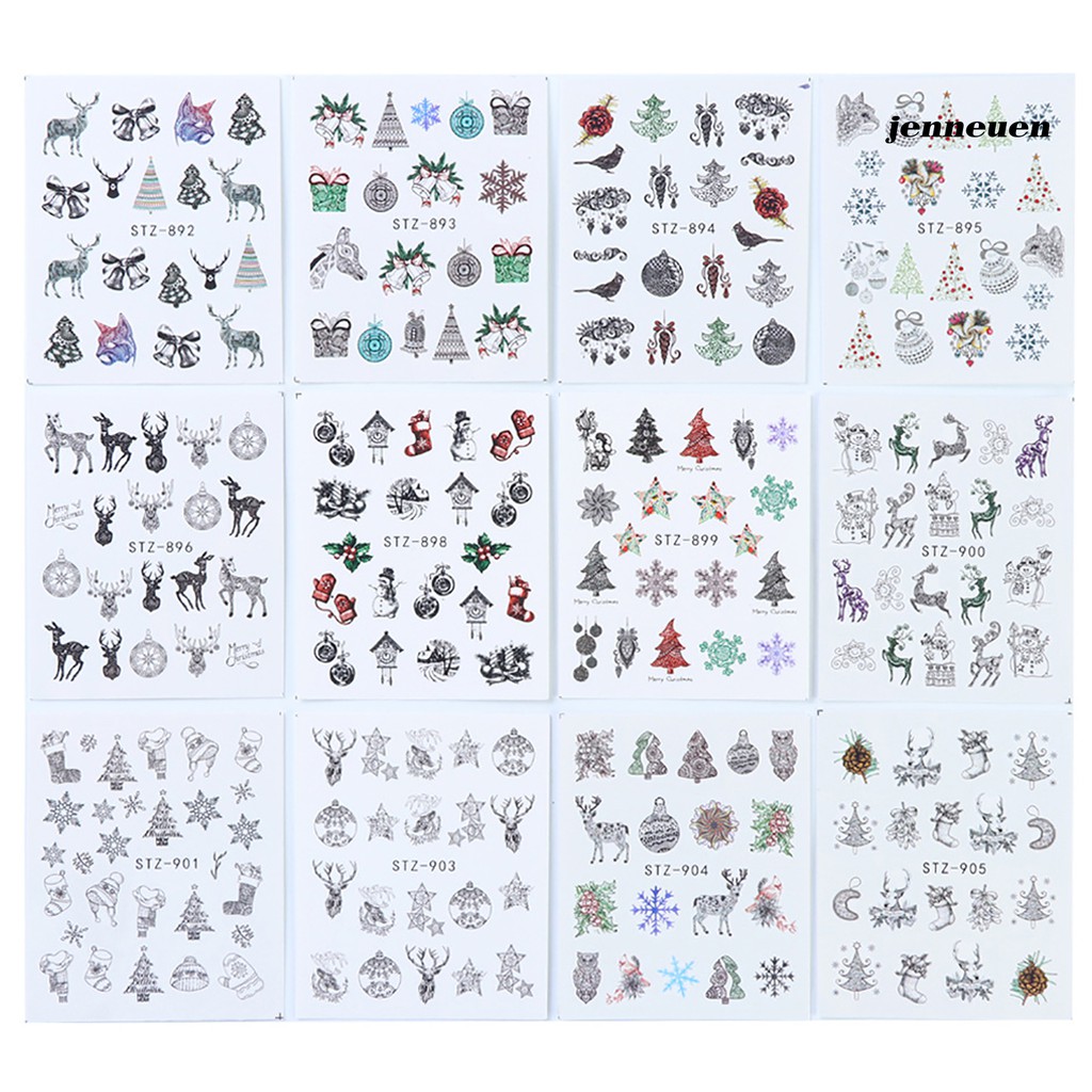 [Hàng mới về] Bộ 12 Đề Can Dán Trang Trí Móng Chuyển Họa Tiết Bông Tuyết/Chuông/Tuần Lộc Giáng Sinh