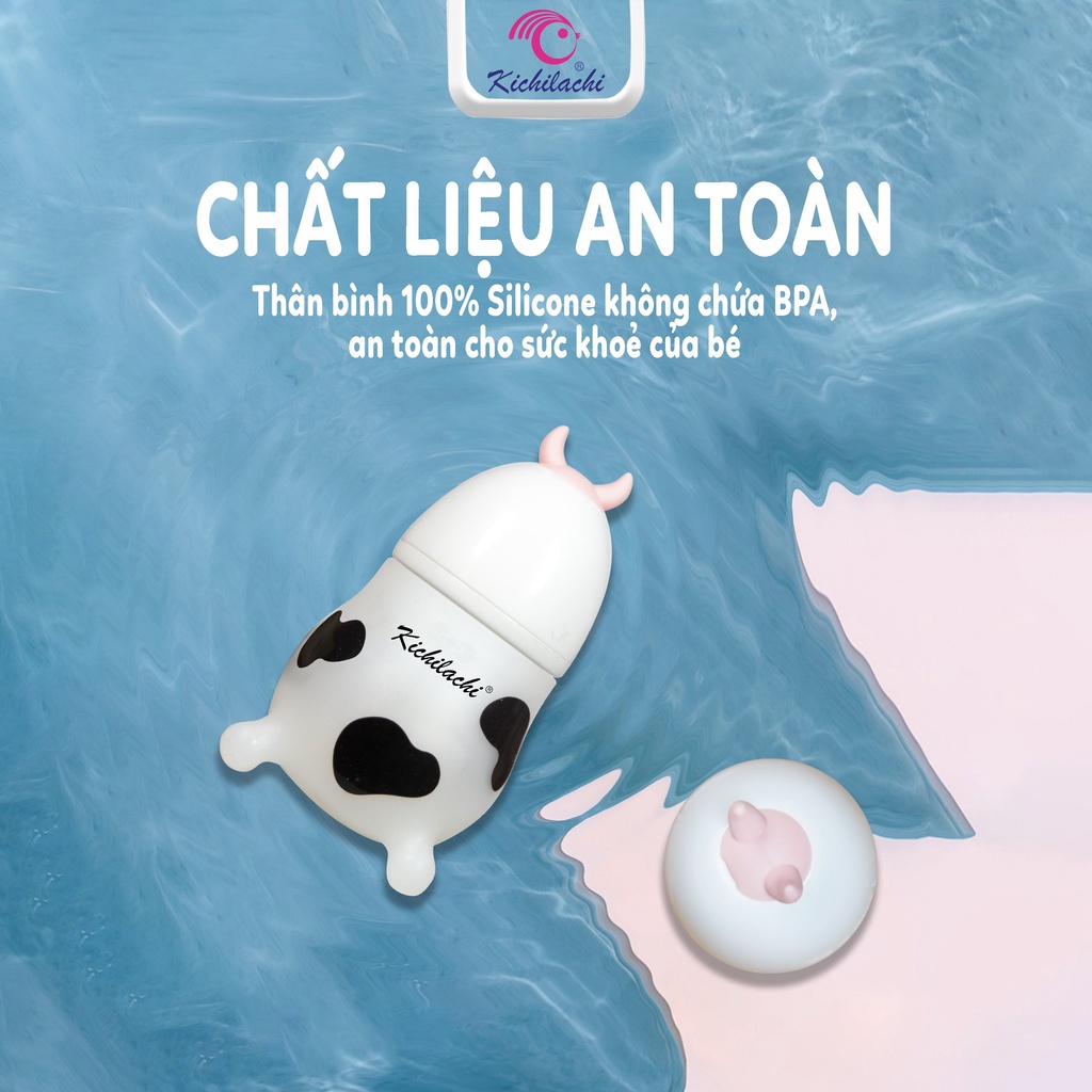 Bình Sữa Cho Bé Kichilachi Cổ Rộng , Chất Liệu Silicon Hình Bò Sữa Với Núm Ti Siêu Mềm