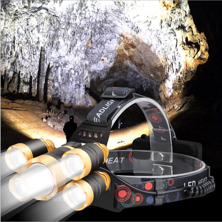 Đèn pin đội đầu 5 bóng LED T6 gồm 3 chế độ sáng + Tặng kèm 2 pin sạc và sạc