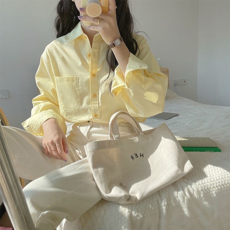 Áo Sơ Mi Nữ Tay Dài Màu Vàng Sữa Thời Trang Xuân Hè Hàng Mới Cao Cấp