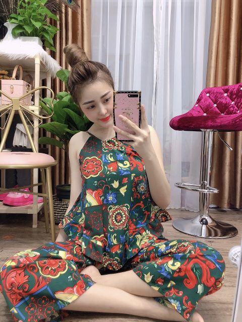 Đồ Bộ Nữ Mặc Nhà FREESHIP 50K Set Bộ Nữ Thổ Cẩm Cổ Yếm Hai Dây, Quần Dài Chất Lụa Cao Cấp Form<60kg