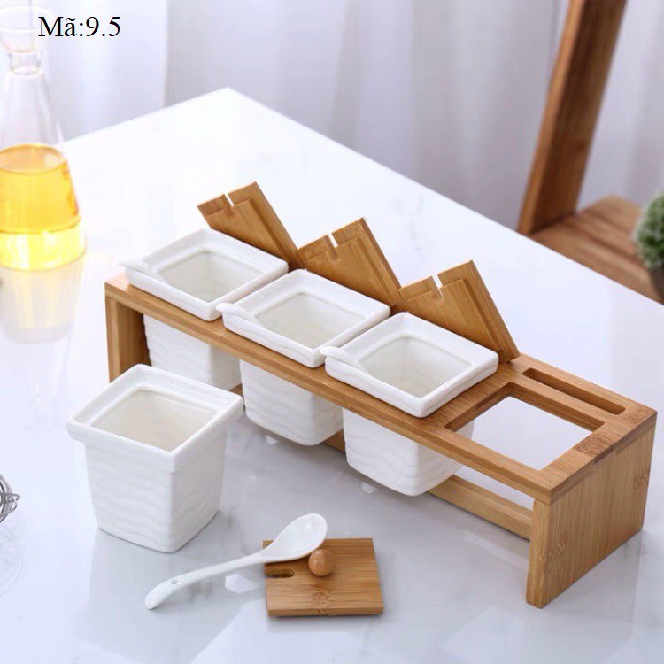 Bộ 4 hũ gia vị bằng sứ kèm giá trúc gọn gàng, dụng cụ nhà bếp: 9.5 và 9.30