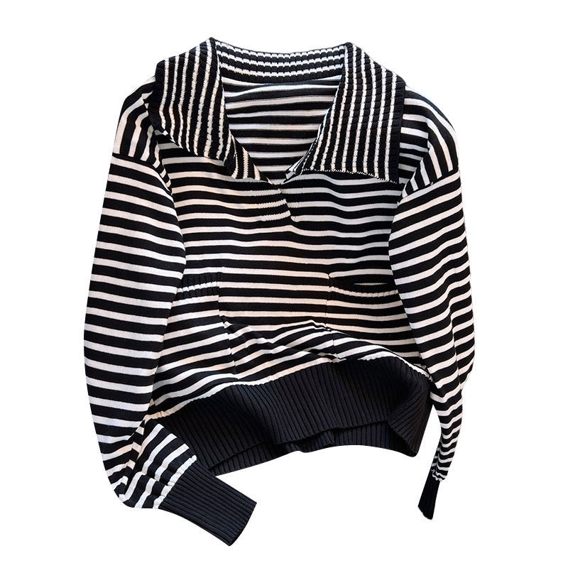 Áo sweater Dệt Kim Cổ Polo Tay Dài Kẻ Sọc Thiết Kế Mới Mùa Thu Dễ Phối Đồ Cho Nữ