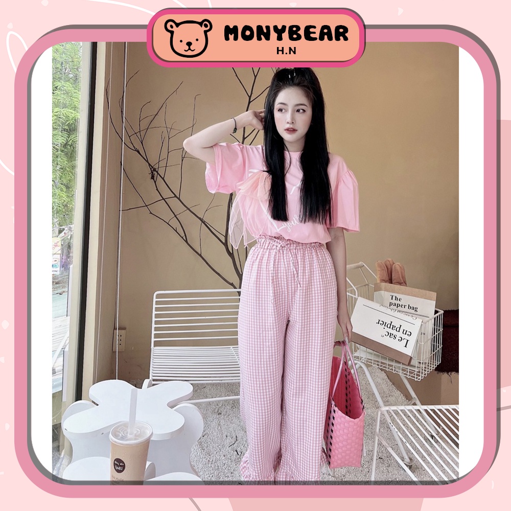 Set Áo Nơ Quần Dài Caro, Set Mặc Nhà Đáng Yêu Thoáng Mát - HN026