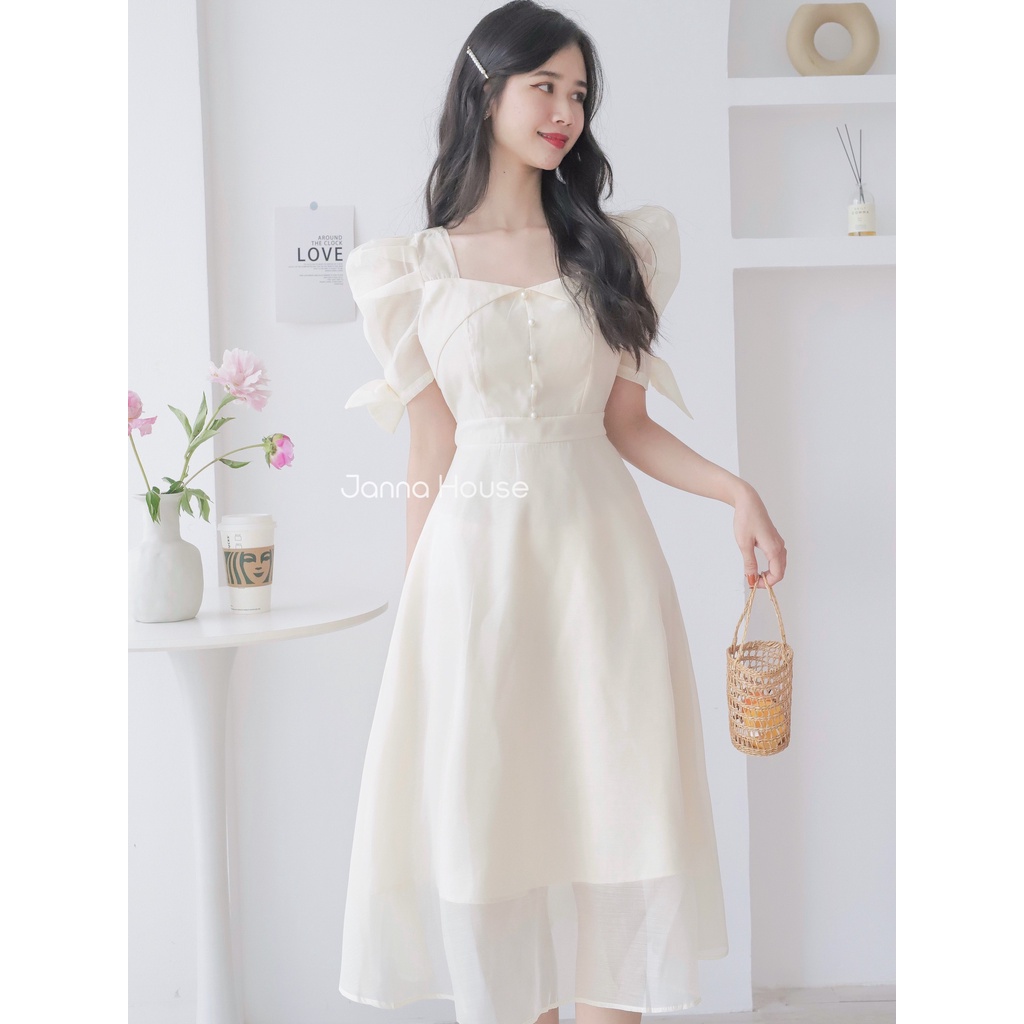 - Váy cổ vuông tay voan bồng vải tơ sống lót lụa tiểu thư ulzzang sang trọng quyến rũ - K16 - jannahouse