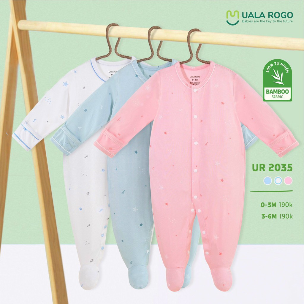 UR 2025. Body dài liền lộn bao tay chân vải bamboo sợi tre trắng in sao