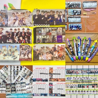Sét đồ dùng học tập WANNAONE 6 món :1 vía bút vải, 1 bộ compa,1 bút 6 ngòi, 16 nhãn vở, 1 thời khoá biểu,1 thước