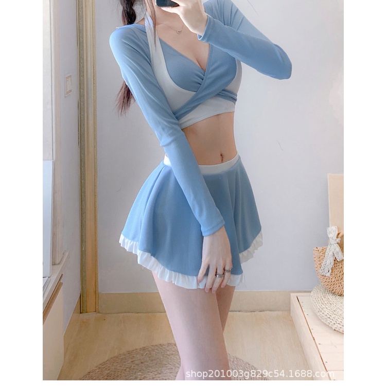 Bikini LUHAZO dài tay 2 mảnh đồ bơi đi biển dài tay kín đáo sexy Hàn Quốc cạp cao nâng ngực váy hở lưng 8405 DK8T103