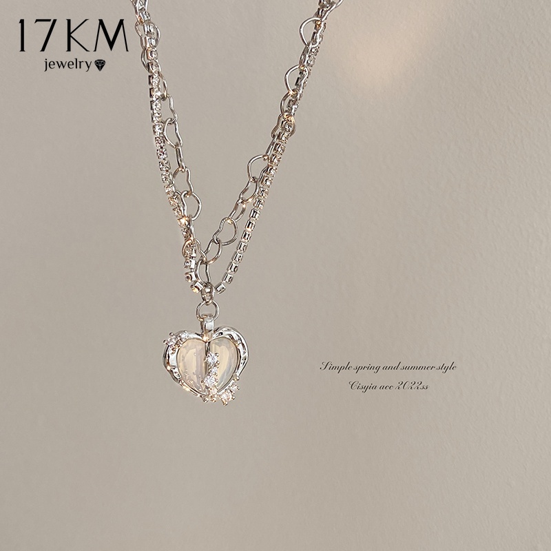 Vòng cổ 17KM hai lớp mạ bạc mặt trái tim đính ngọc trai thời trang