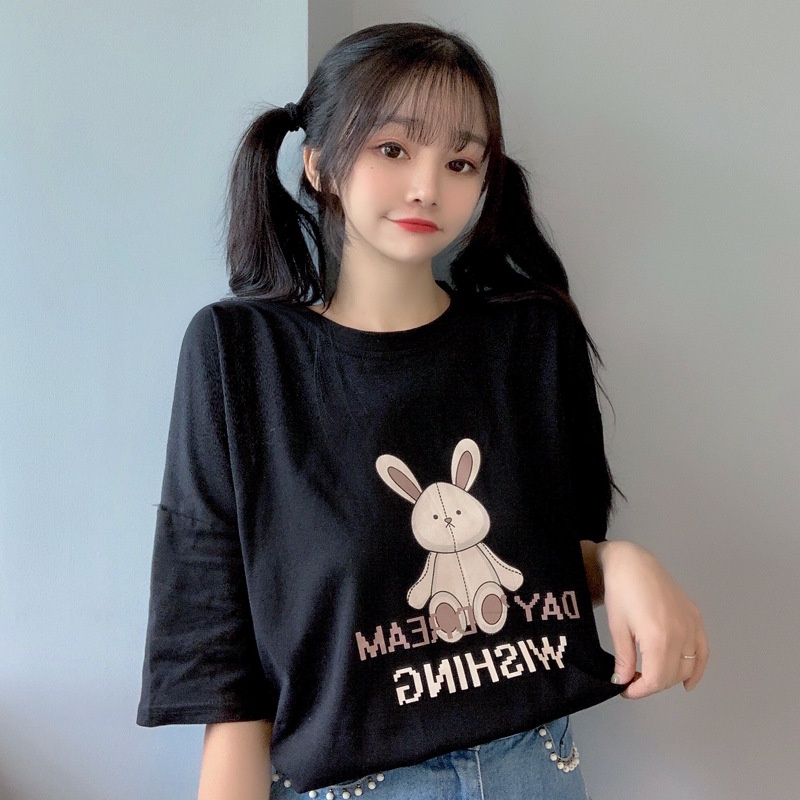 MS6612 Áo thun nữ in hình thỏ form rộng, áo thun cotton hè mát