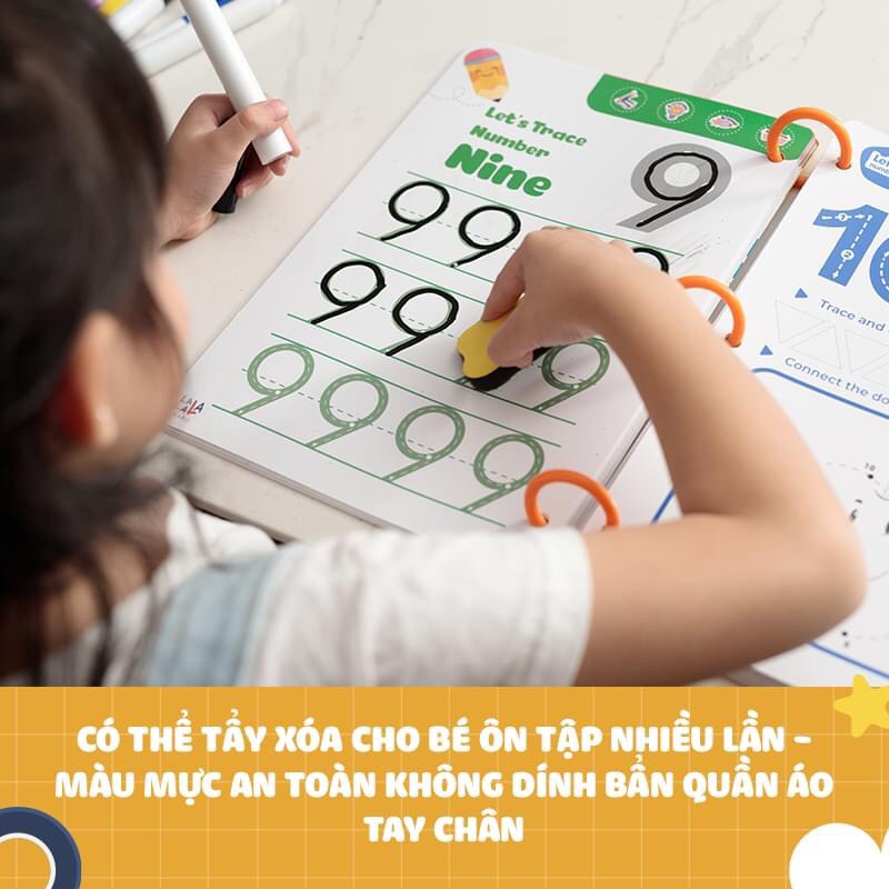 Sách học số và khoa học Math Me Lalala Baby, bôi xóa được, tặng kèm 5 bút + cục bôi