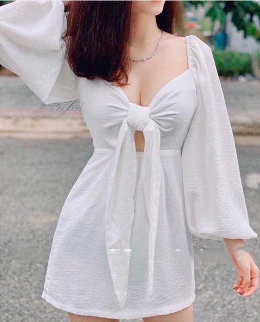 Đầm tay phồng xoắn nơ ngực - Han Dress