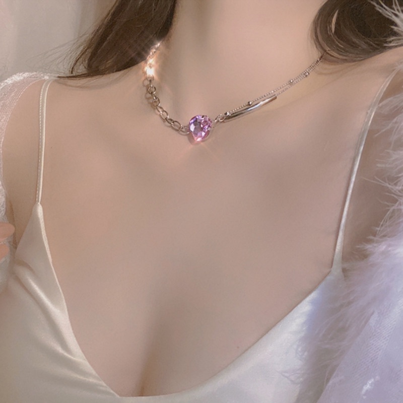 Vòng cổ Ngắn Mặt Trái Tim Màu Tím Phong Cách Cổ Điển