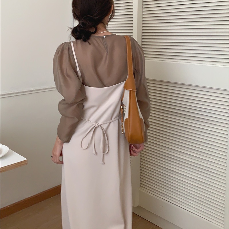 SUXI Bộ Áo Dài Tay + Đầm Hai Dây Màu Sắc Đơn Giản Phong Cách Hàn Quốc