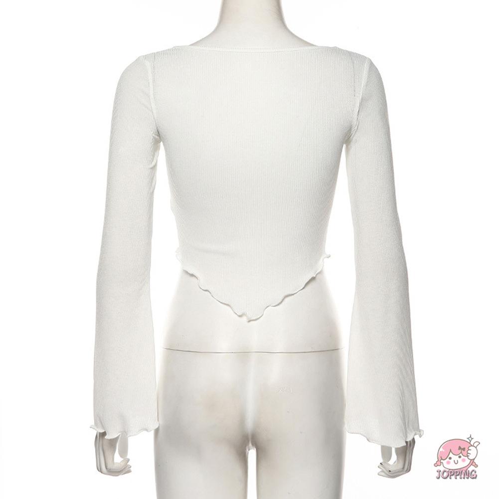 JOP7-Women Sexy Short Top Long Sleeve V Neck See-Through Mesh Ruffled White Slim Fit T-shirts