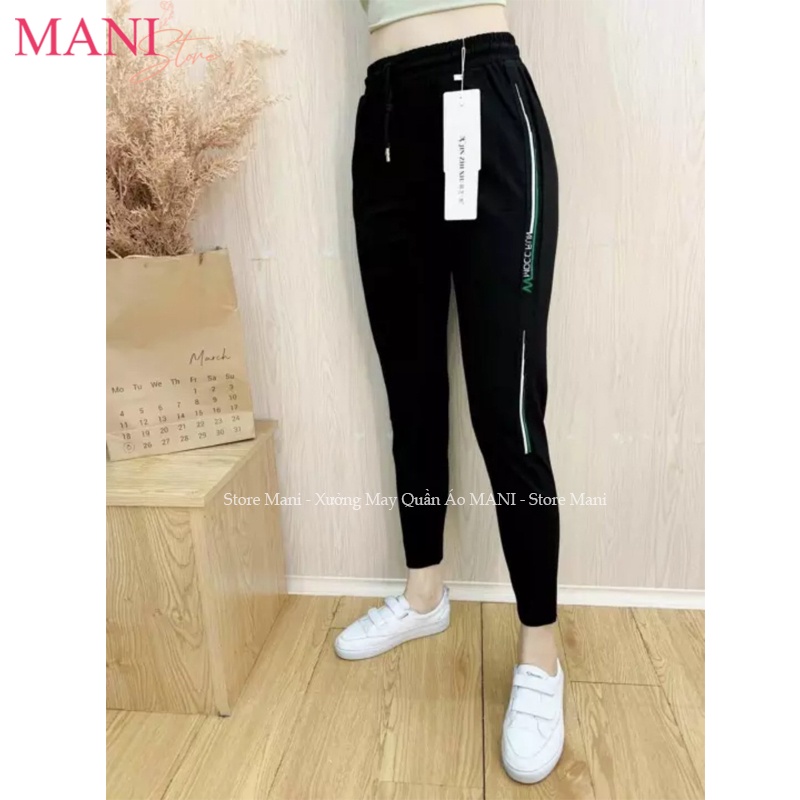 Quần jogger nữ dây rút kiểu quần thể thao nữ dài vải Umi Hàn co giãn màu đen viền sọc chữ mặc tập gym ở nhà đi chơi đẹp