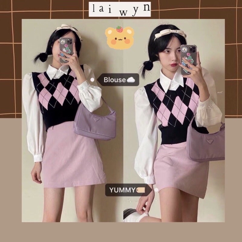 Áo vest gile len dệt kim croptop in 2 mặt hình thoi idol Rosé Hồng/Đen/Nâu