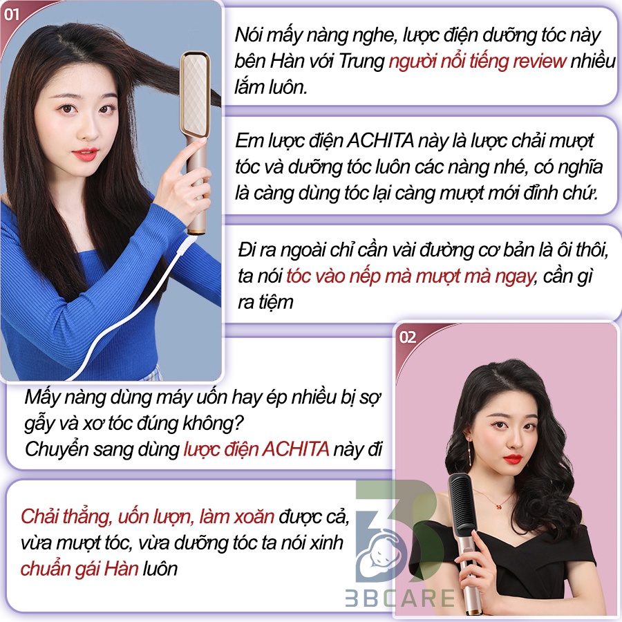 Lược điện chải tóc ACHITA L21 tỏa ion âm siêu dày uốn duỗi ép không lo hư tổn -Shop 3B Care
