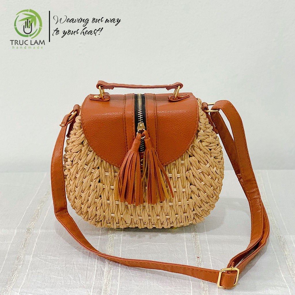 Túi Cói Đeo Chéo Thời Trang Nữ Hình Hộp Nắp Da Thật – Trúc Lâm Handmade