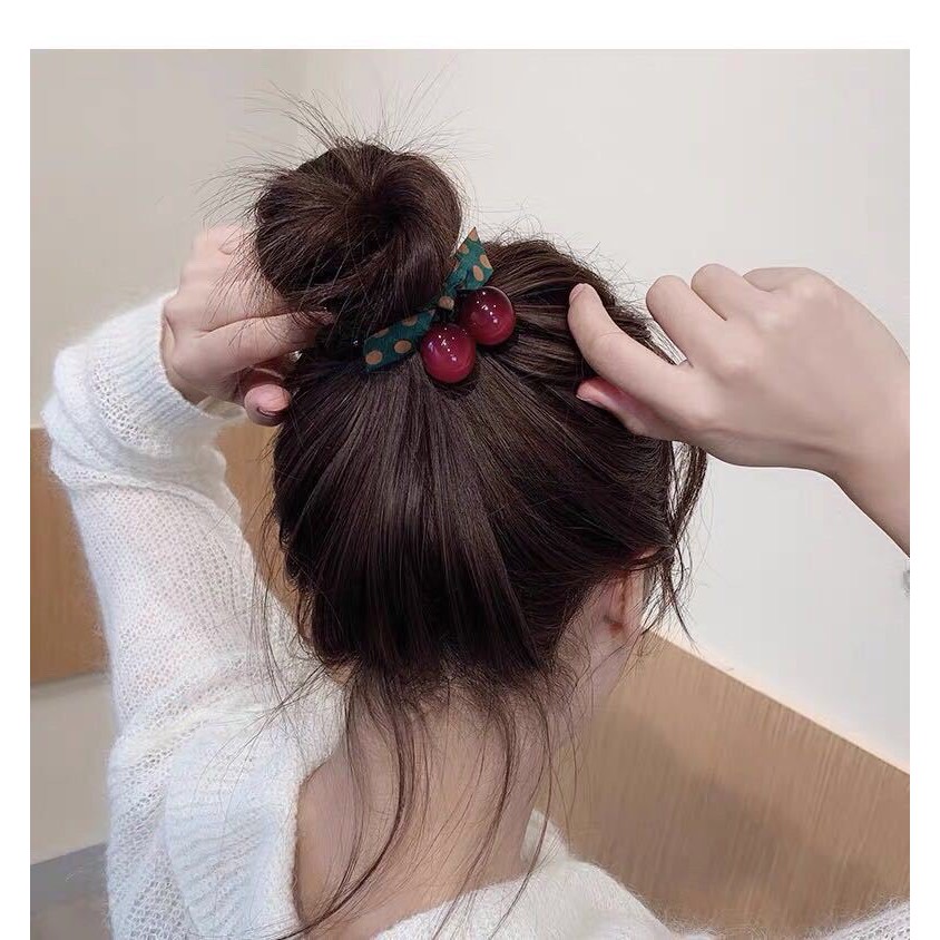 Dây Buộc Tóc Hình Quả Cherry Phối Nơ Thời Trang Xinh Xắn