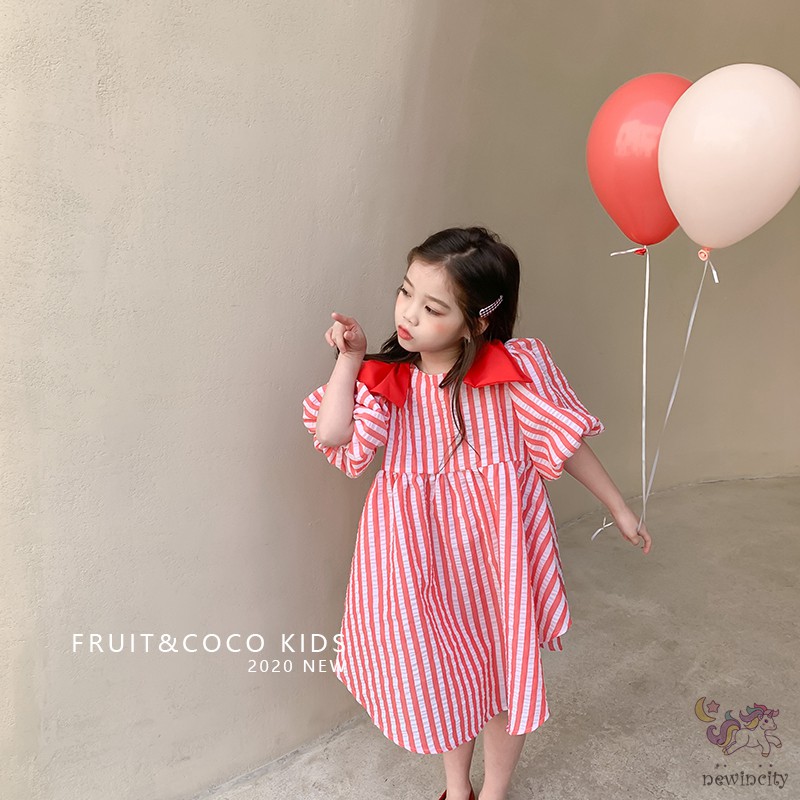 Đầm Công Chúa Tay Phồng Hoạ Tiết Kẻ Sọc Dễ Thương Cho Bé Gái