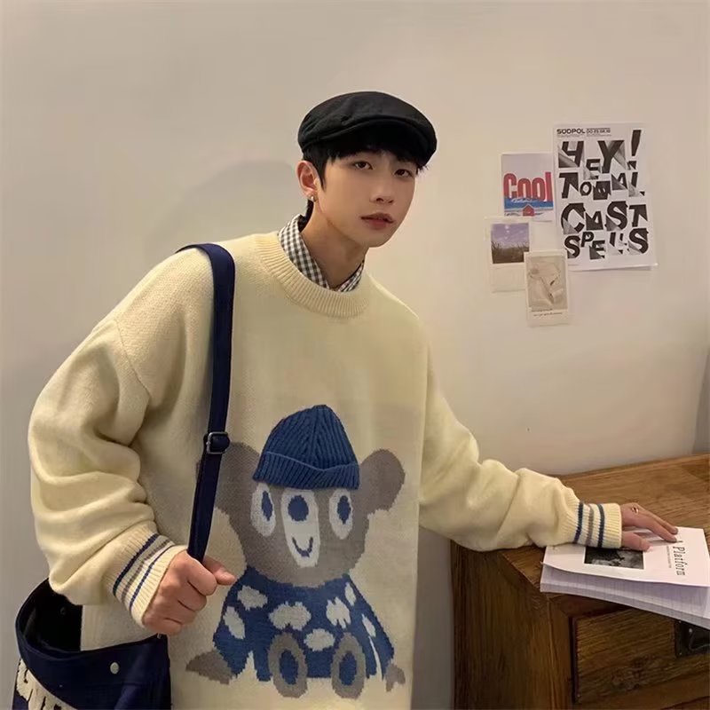 Áo Sweater Cổ Tròn Tay Dài Dáng Rộng In Hình Gấu Dễ Thương Thời Trang Thu Đông Cho Nam Size S-2XL