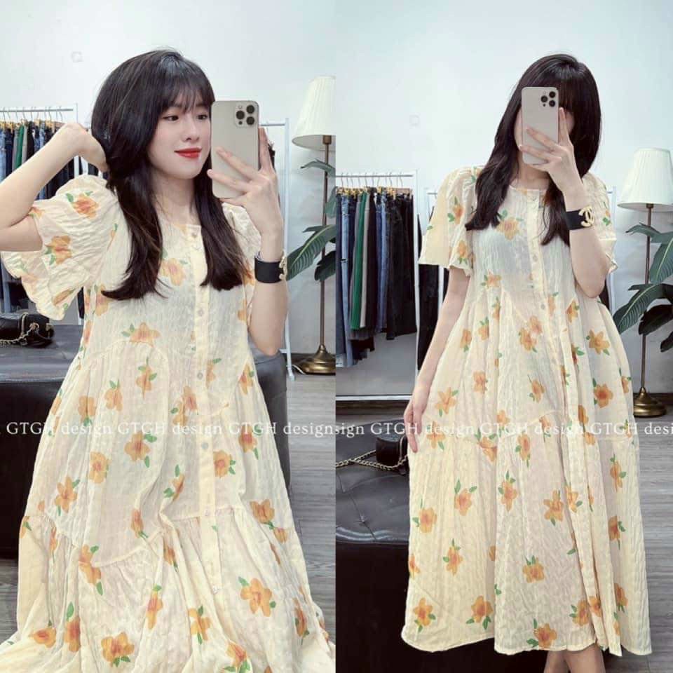 Đầm bầu sơ mi hoa nhí vintage tiểu thư váy bầu dáng dài sơ mi sang chảnh
