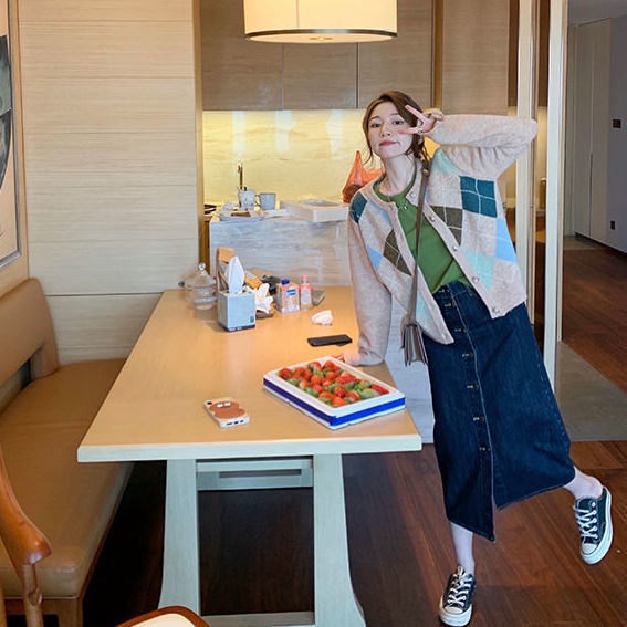 Áo Khoác cardigan Cổ Tròn Sọc Ca Rô Thời Trang Hàn Quốc Xinh Xắn