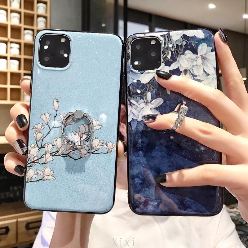 Casing Huawei Y8P Y7P Y6P Y5P Y9 Prime 2019 Y7 Pro Y6s Y5 Y9s Phone Case Flowers Gardenia & Magnolia Bling Glitter Soft TPU Cover With Finger Ring Holder