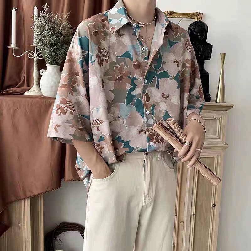 Áo Sơ Mi Lụa Lạnh Tay Ngắn Dáng Rộng In Hoa Phong Cách Retro Hàn Quốc Dành Cho Nam Giới