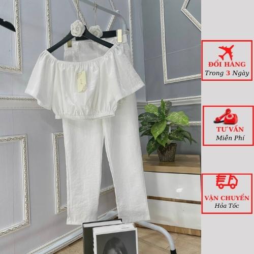 Set áo đũi trễ vai croptop nữ kèm quần suông baggy ống rộng đi biển ulzzang Hàn Quốc