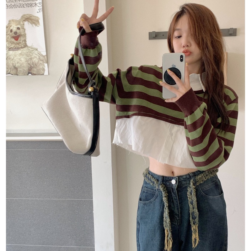 Áo Dệt Kim Chui Đầu Tay Dài Kẻ Sọc Thời Trang