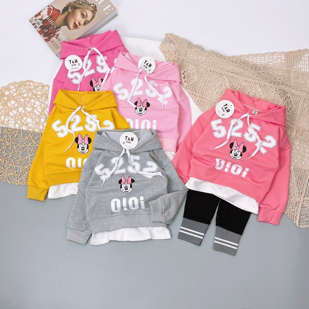 ✓10-17kg✓ Bộ nỉ da cá bé gái TH Kids áo hoodie có mũ xinh xắn