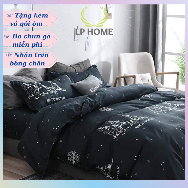 Bộ chăn ga gối Poly Hàn Quốc cây thông đen huyền bí sang trọng cao cấp (Tặng vỏ gối ôm) - Miễn phí bo chun