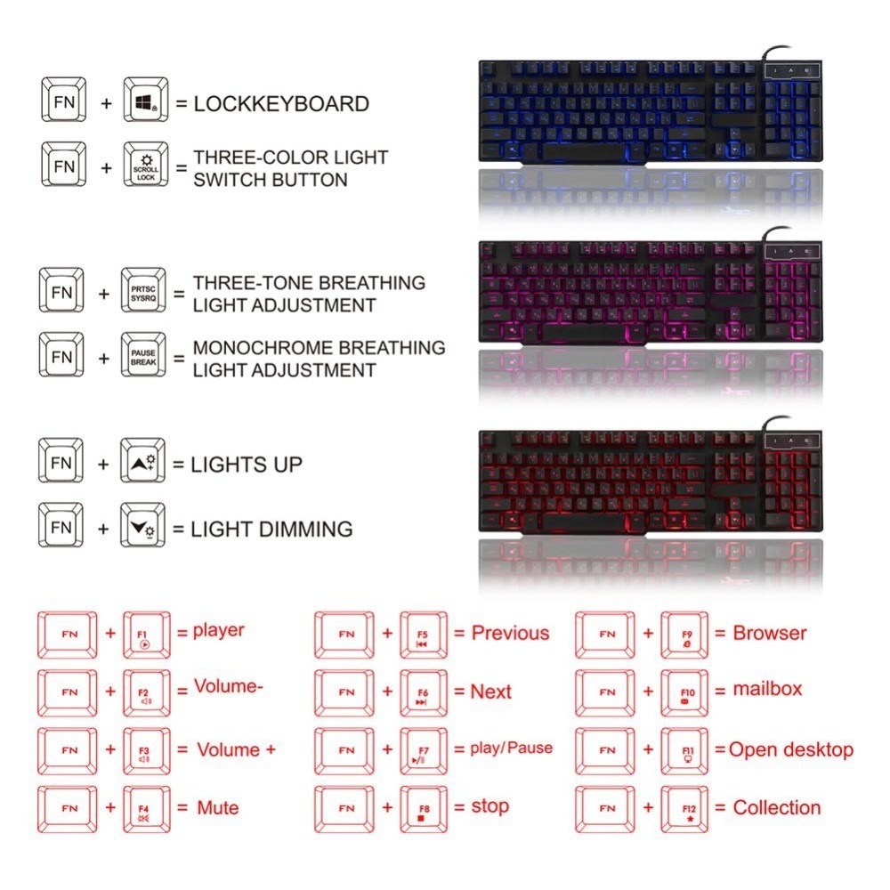 Bàn phím có dây USB 2.0 giả cơ R8 1822 màu đen có đèn LED 7 màu