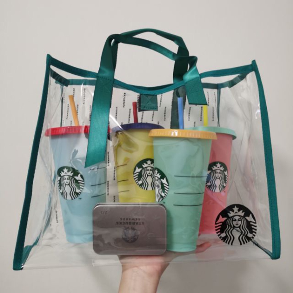 Túi đựng hộp cơm trưa Starbucks bằng nhựa pvc trong suốt cỡ lớn chống thấm nước tiện lợi