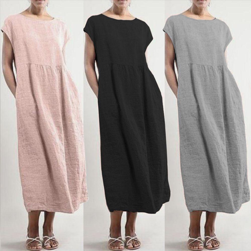 Đầm Dài Vải Lanh Cotton Tay Ngắn Màu Trơn Plus Size Cho Nữ