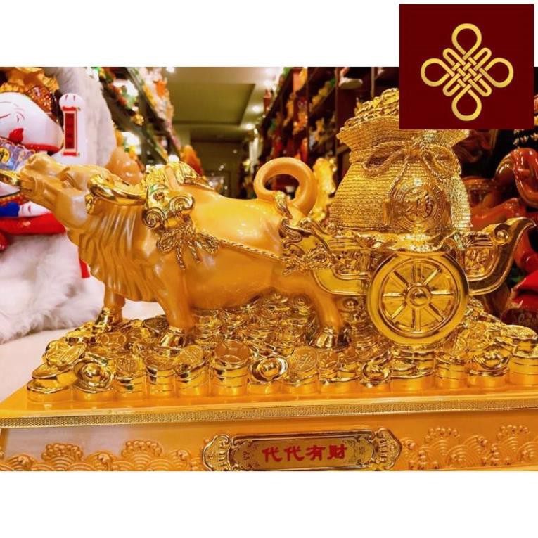 Tượng Trâu Phong Thuỷ Kéo túi tiền vàng đế vàng(cao30 dài 40 rộng 18)