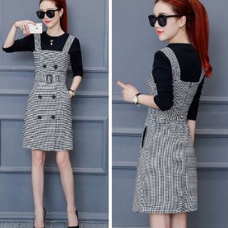 Sét áo thun đầm yếm caro kèm nịt