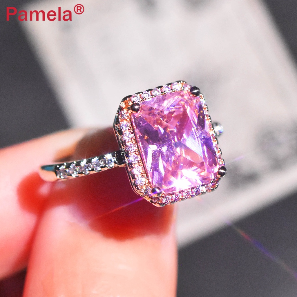 Nhẫn Hở Hình Vuông Đính Đá Kim Cương Màu Hồng Vàng Kiểu Công Chúa Cổ Điển