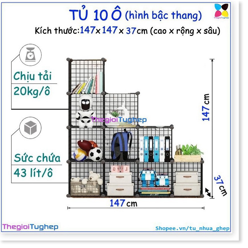 SZ- Tủ lưới sắt lắp ghép đa năng hiện đại để sách, đồ dùng trang trí phòng làm việc 10 ô hình bậc thang (38 sắt đe