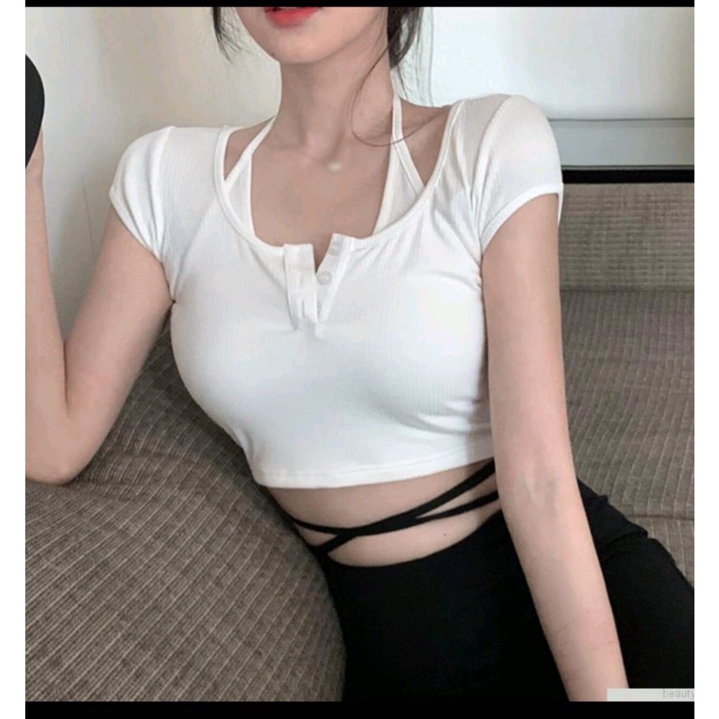 Áo croptop body giả yếm tay ngắn vạt bầu cổ chữ u khuy cài phối cổ yếm ngây thơ, ÁO TRỤ YẾM