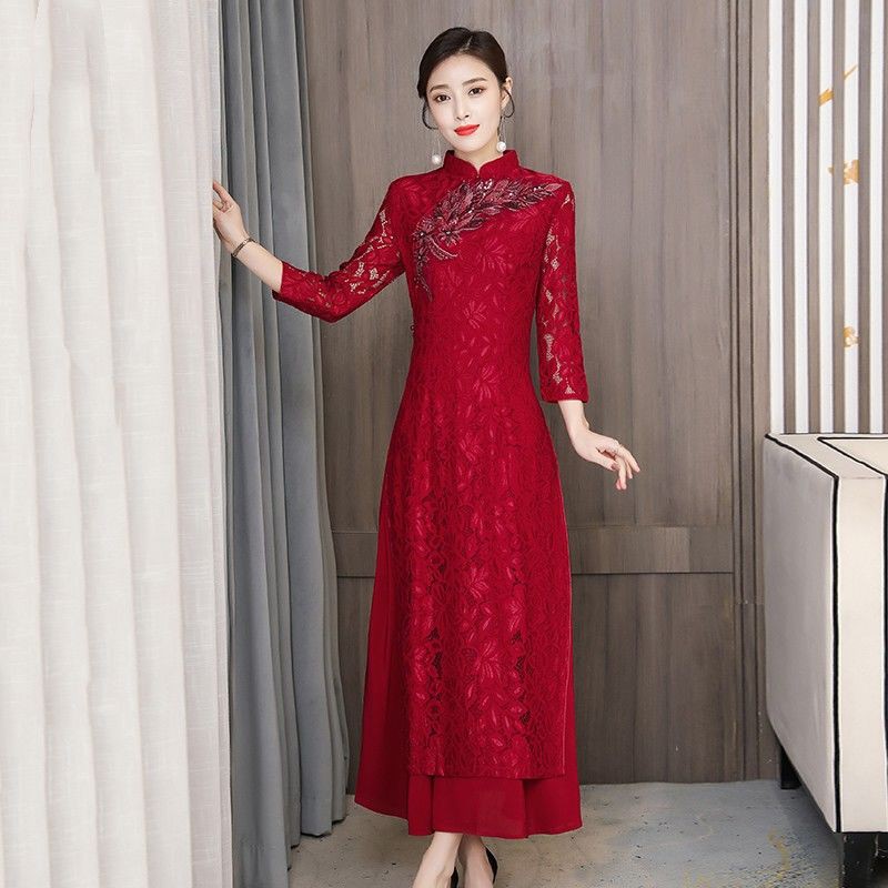 Rẻ và đẹp◈♈Retro cải tiến AUDA SEONGSAM Mẹ, mùa xuân, hè mới thêu ren, váy cưới anh rể, phụ nữ